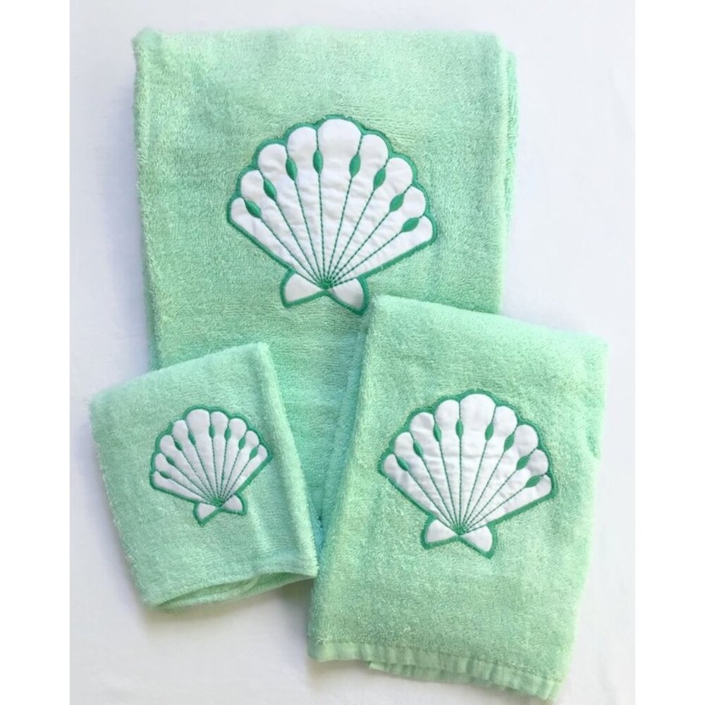 Vintage Seashell Towel Set Woolworth 3 Pc. Washcloth Hand & Bath Towel Green
